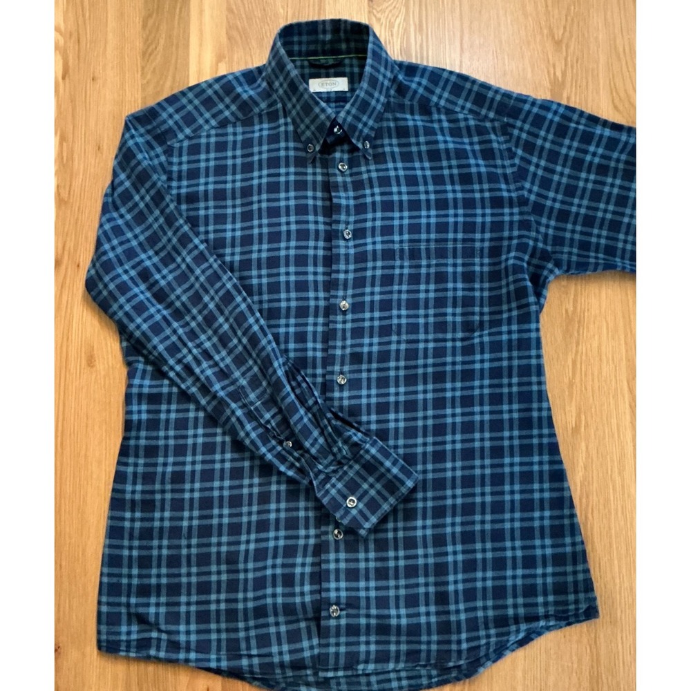 Eton Slim Fit Long Sleeve Button Up Dress Shirt Large Plaid Navy‎ / Green Cotton